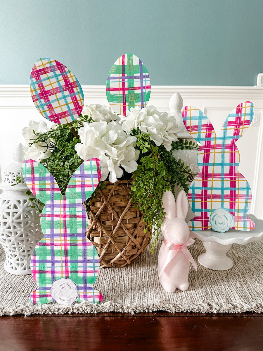 Plaid Bunnies wooden stake featuring a black bunny silhouette with red plaid pattern on white background.