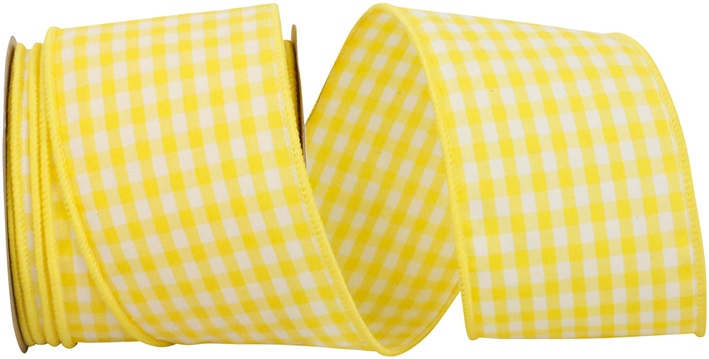 Gingham check wired edge lemon ribbon with a 2-1/2 inch width and polyester cotton blend material.