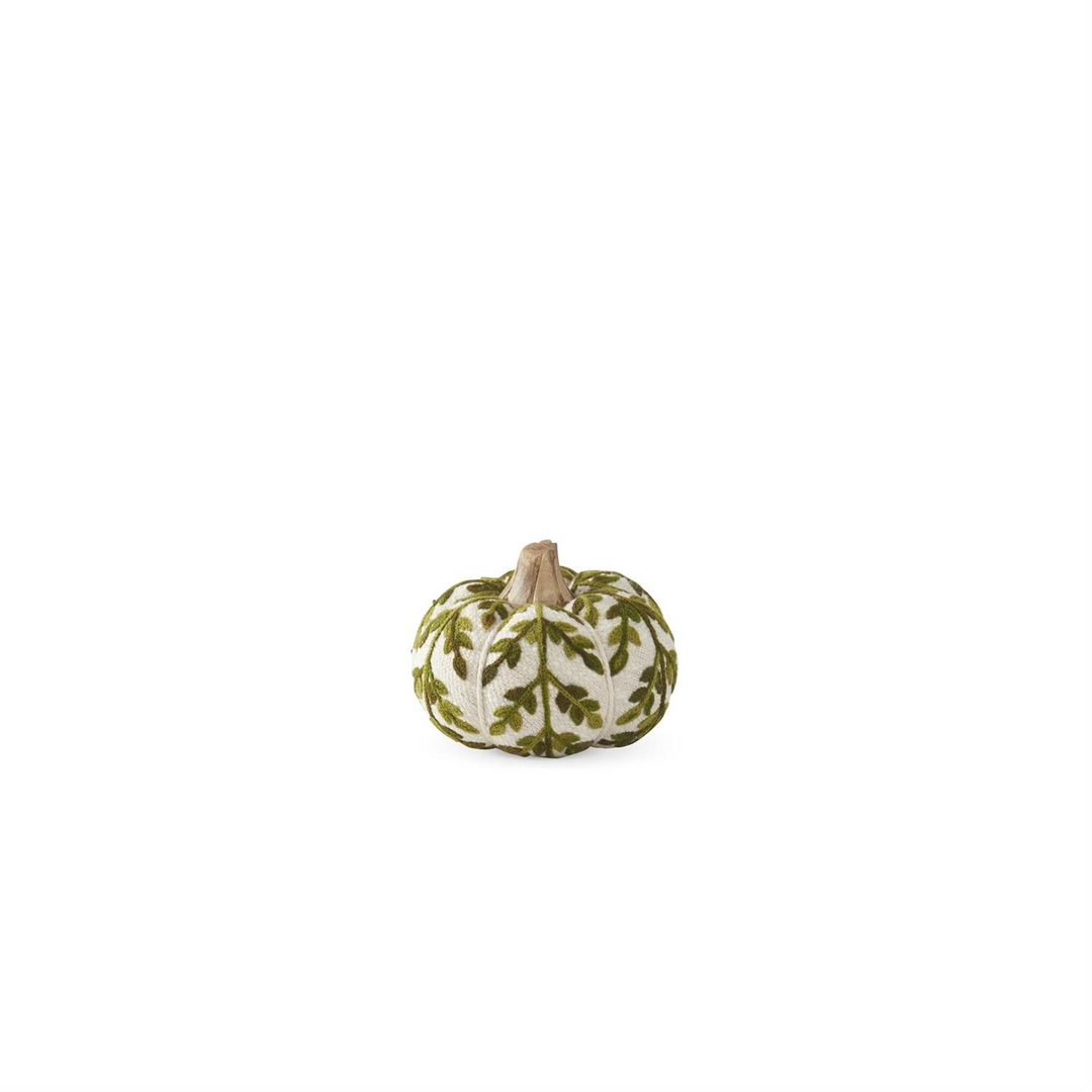3.5 inch cream knit pumpkin with green foliage embroidery and a natural wood stem.