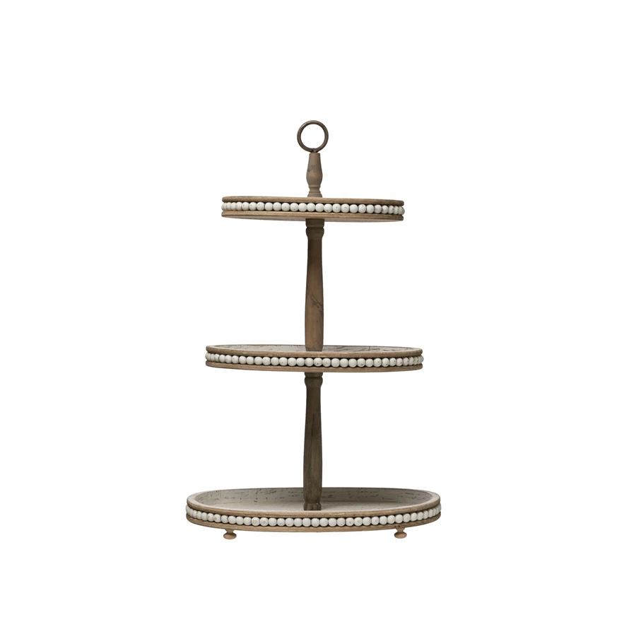 Natural wood oval three-tier decorative tray with cream accents and a handle.