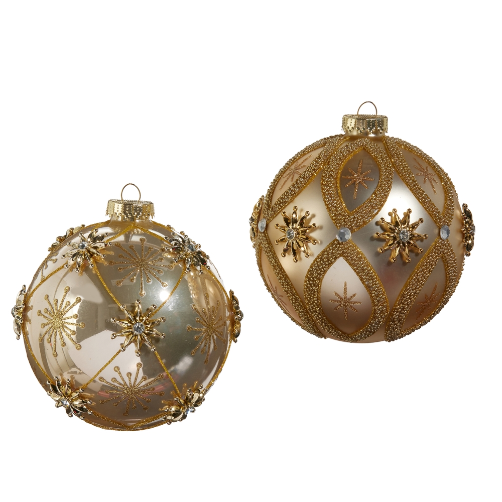 Two 5-inch gold glass ball ornaments with intricate star and jewel embellishments.