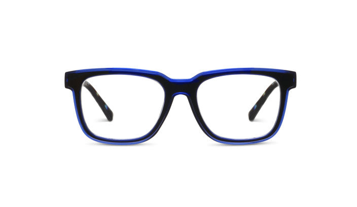 Cliff square blue light glasses with a translucent blue and black polycarbonate frame.