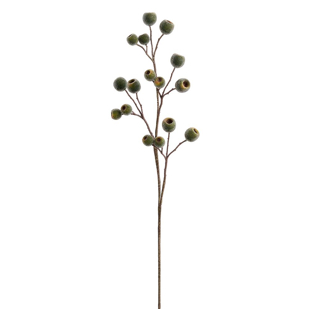 32-inch iced green pod spray with frosted foam pods on a brown wired stem.