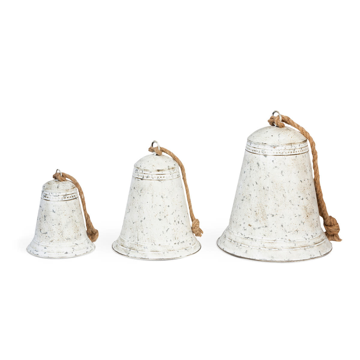 Whitewash tin porch bell with antique finish and jute rope handle