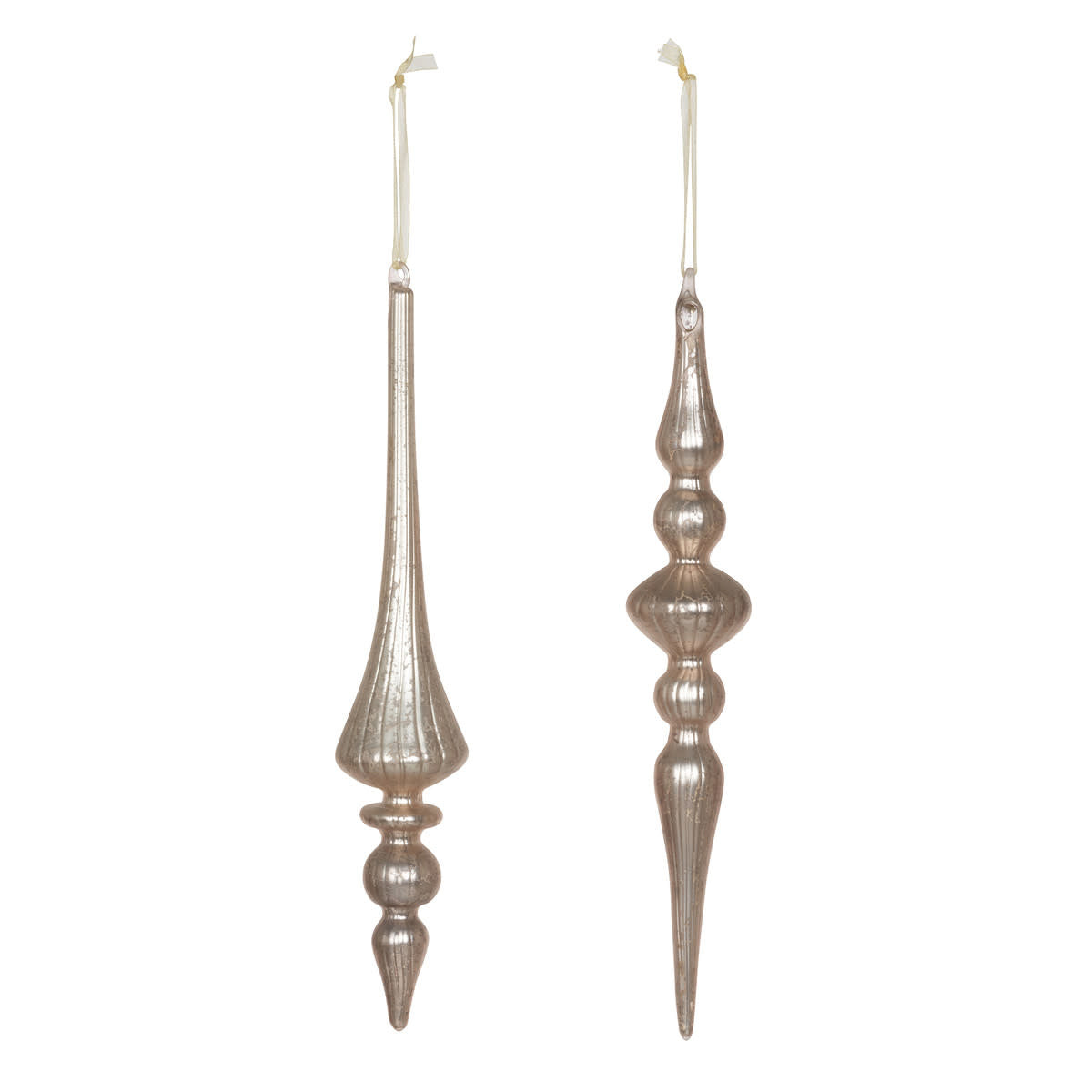 Elongated mercury glass finial ornament with a silvered reflective finish.
