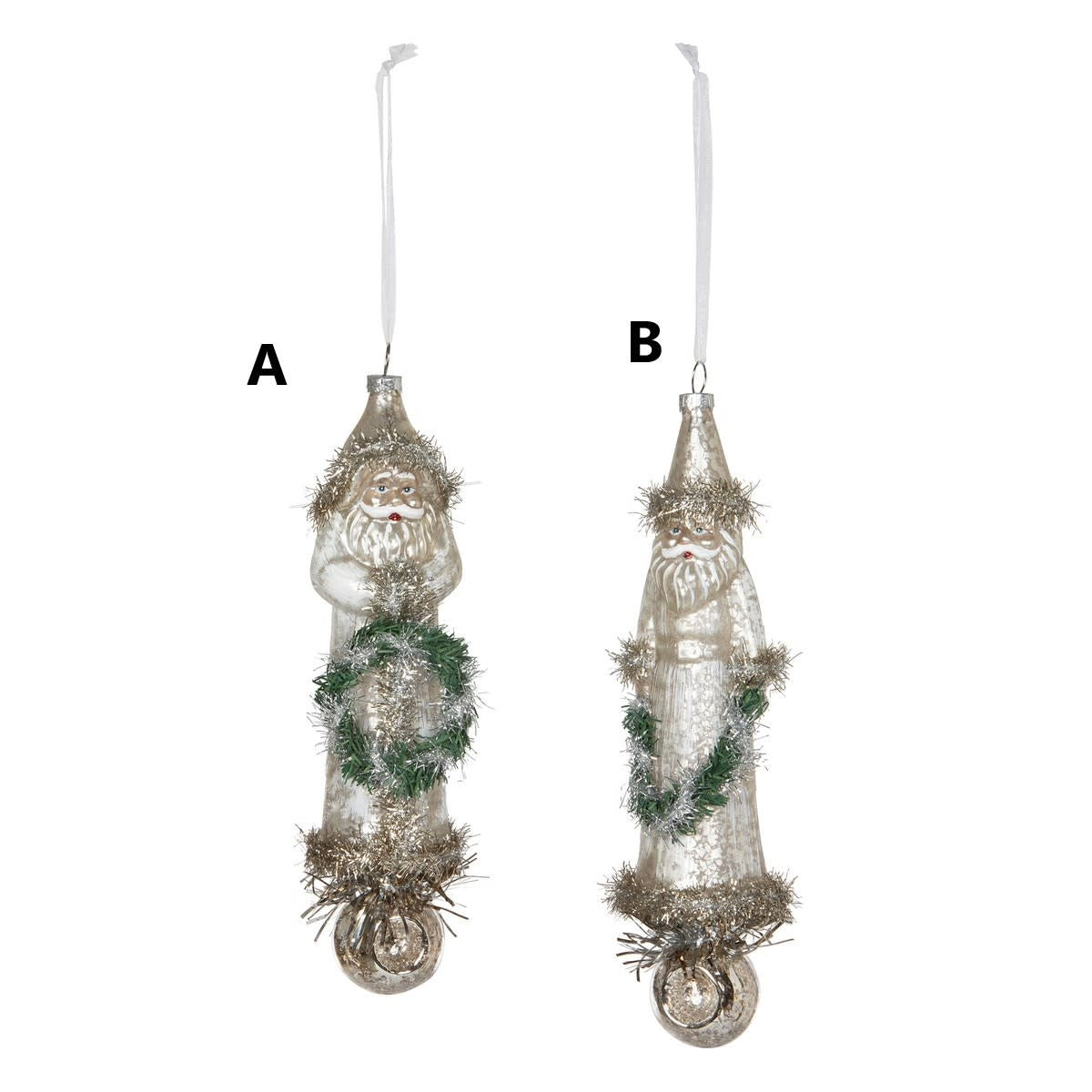 Vintage Pere Noel glass ornament with tinsel accents on a white sheer ribbon