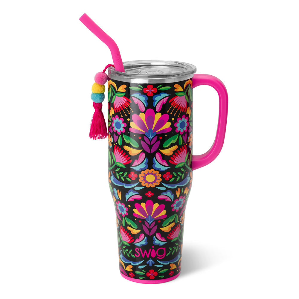 40oz Mega Mug in silver with a black silicone base, comfort-grip handle, and flexi-tip straw.