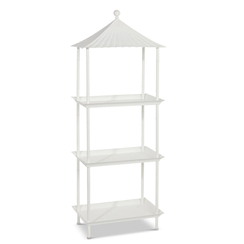 White 60-inch iron pagoda etagere with four rectangular shelves and a pointed canopy top.