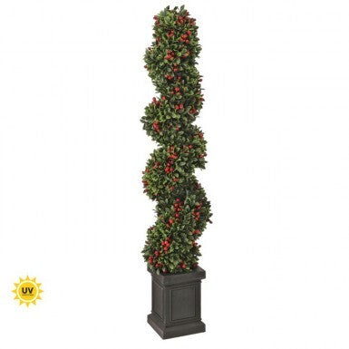 48-inch UV-resistant artificial boxwood and berry spiral topiary in a square black decorative pot.