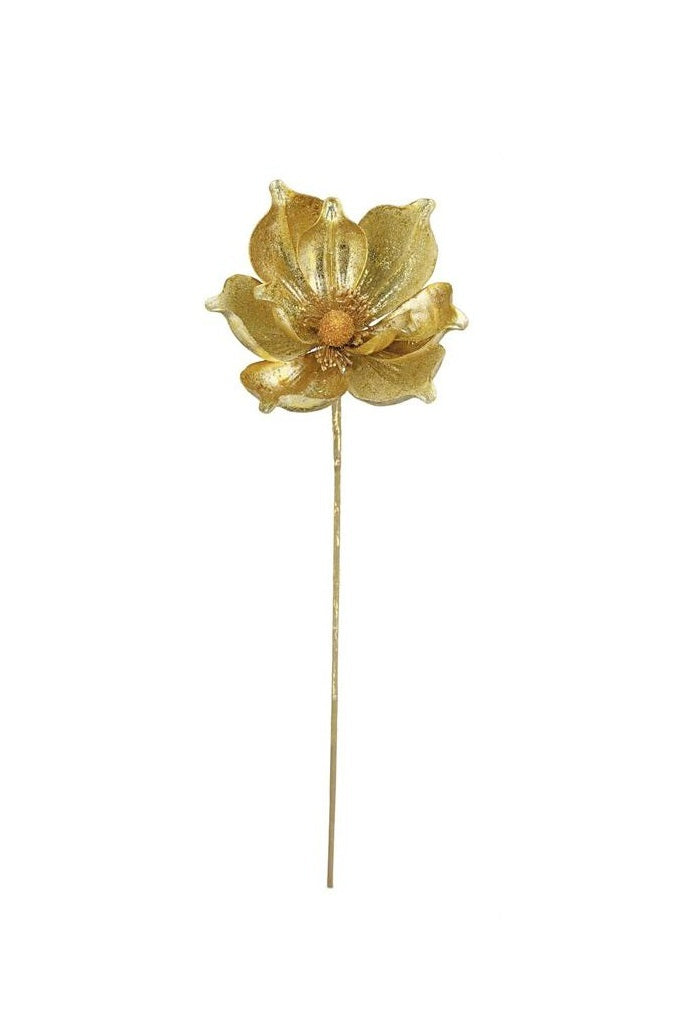 23-inch metallic gold magnolia spray with layered petals and a long stem.
