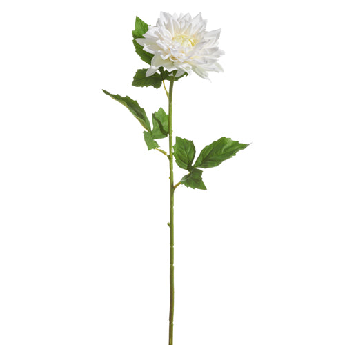 White polyester dahlia flower stem with plastic base measuring six inches wide.