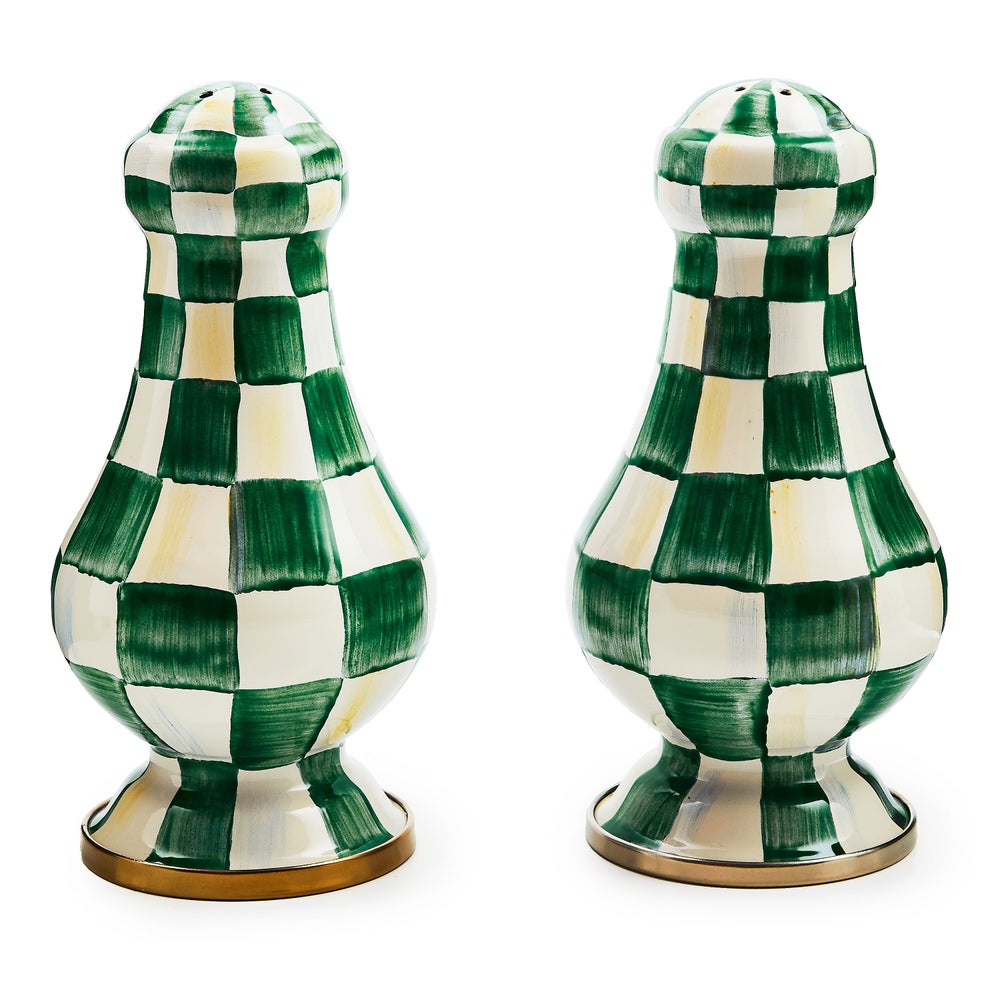 Large salt and pepper shakers with hand-painted emerald check pattern on heavy-gauge steel.