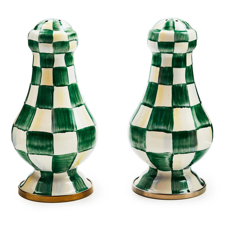 Large salt and pepper shakers with hand-painted emerald check pattern on heavy-gauge steel.