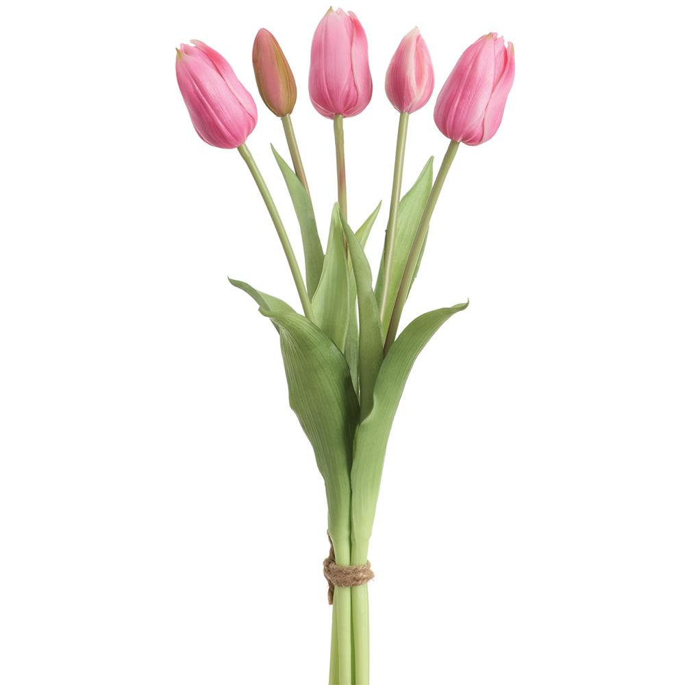 Artificial Dutch tulip bouquet in white with green stems arranged in a clear vase.