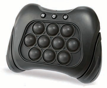Black handheld fidget toy with a grid of 9 pop-it bubbles and 3 buttons on top.