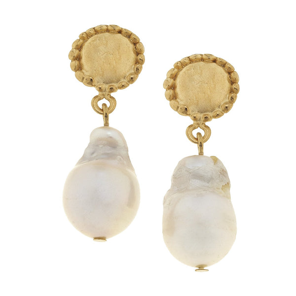 Baroque Pearl Post Earrings with textured 24K gold-plated circular studs and drop pearls.