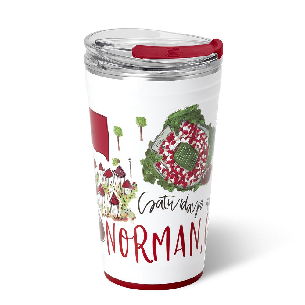 White 24oz insulated stainless steel party cup with a Norman, Oklahoma themed illustration.