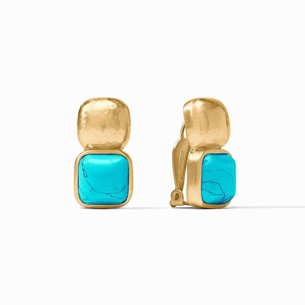 Gold-plated Catalina Clip featuring a faceted cushion gemstone on hammered soft square with mother-of-pearl accents.