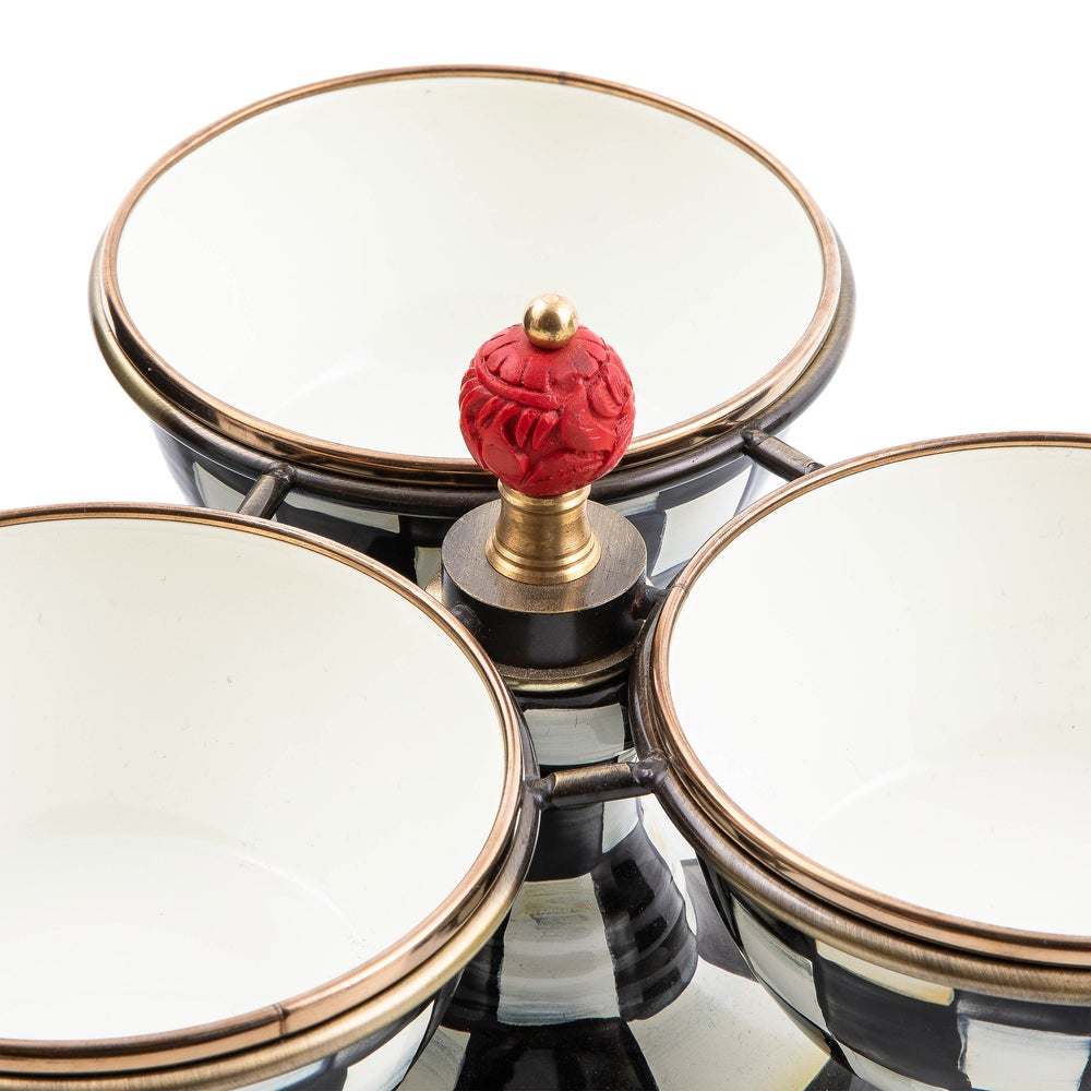 Courtly Check Triplicity serving dish with three white bowls and a red carved knob.