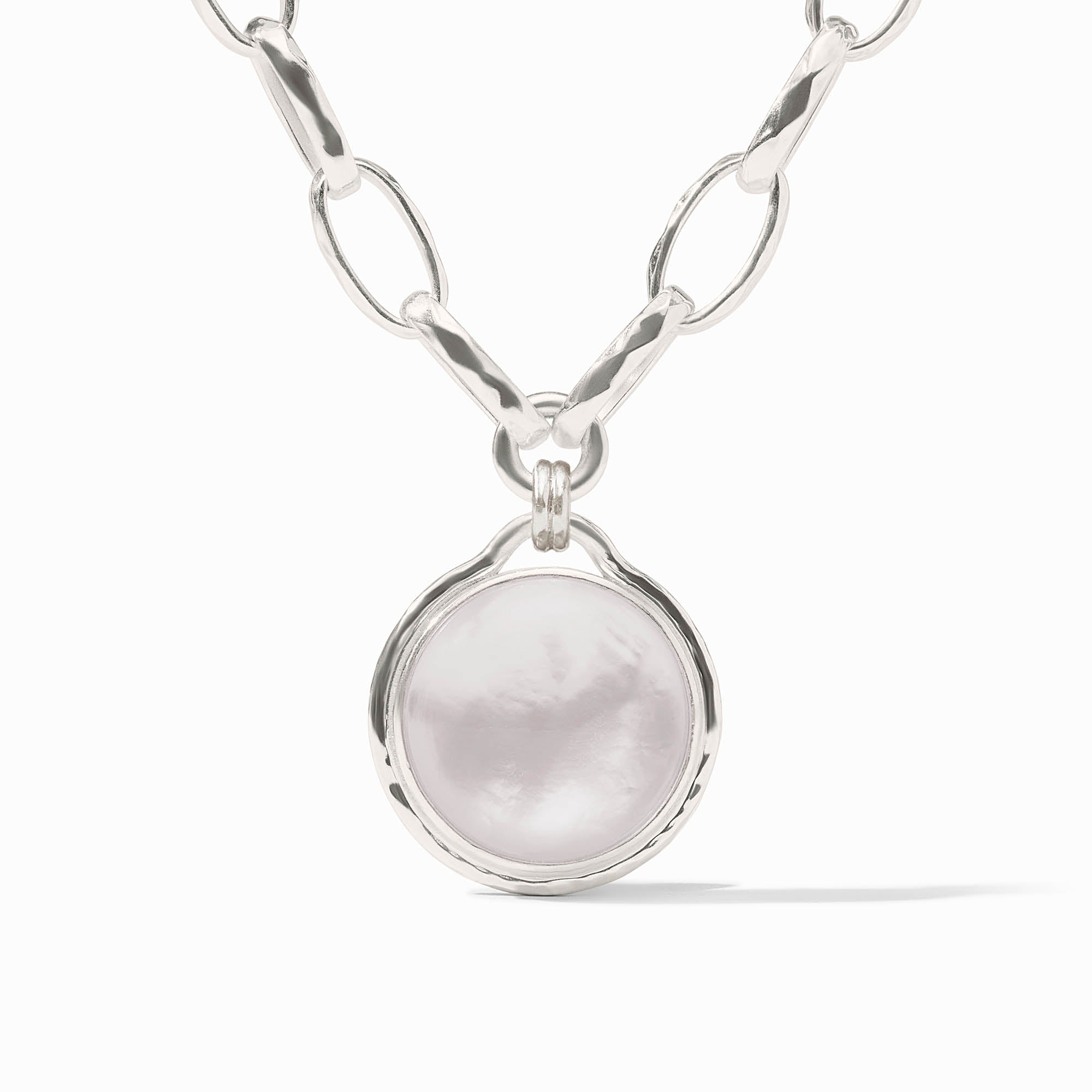 Solara Statement Necklace featuring a round white glass pendant on a silver-tone link chain.