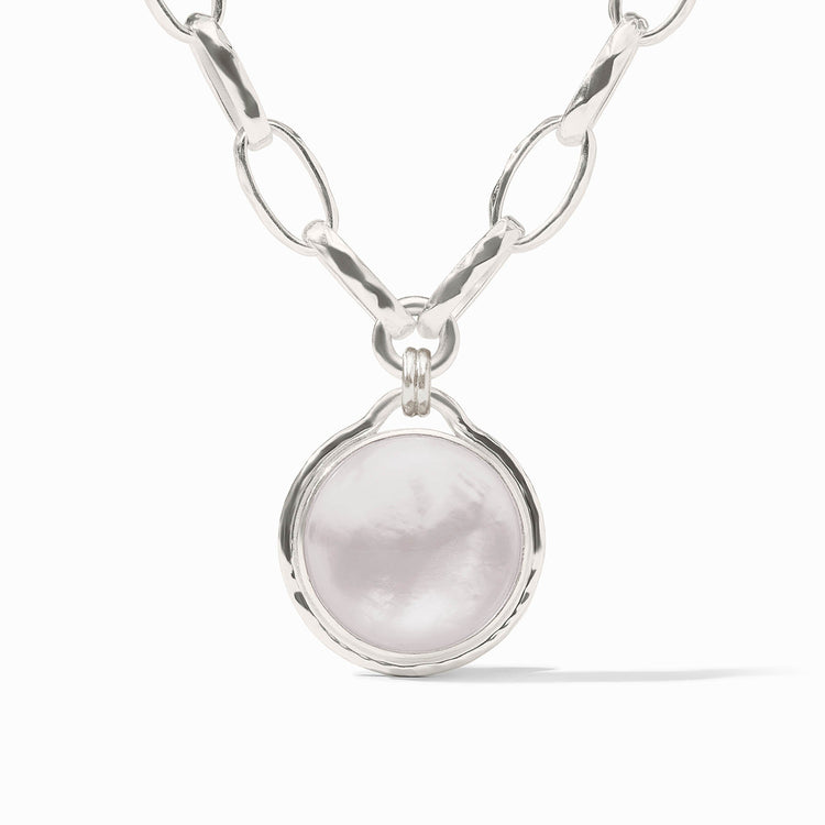Solara Statement Necklace featuring a round white glass pendant on a silver-tone link chain.