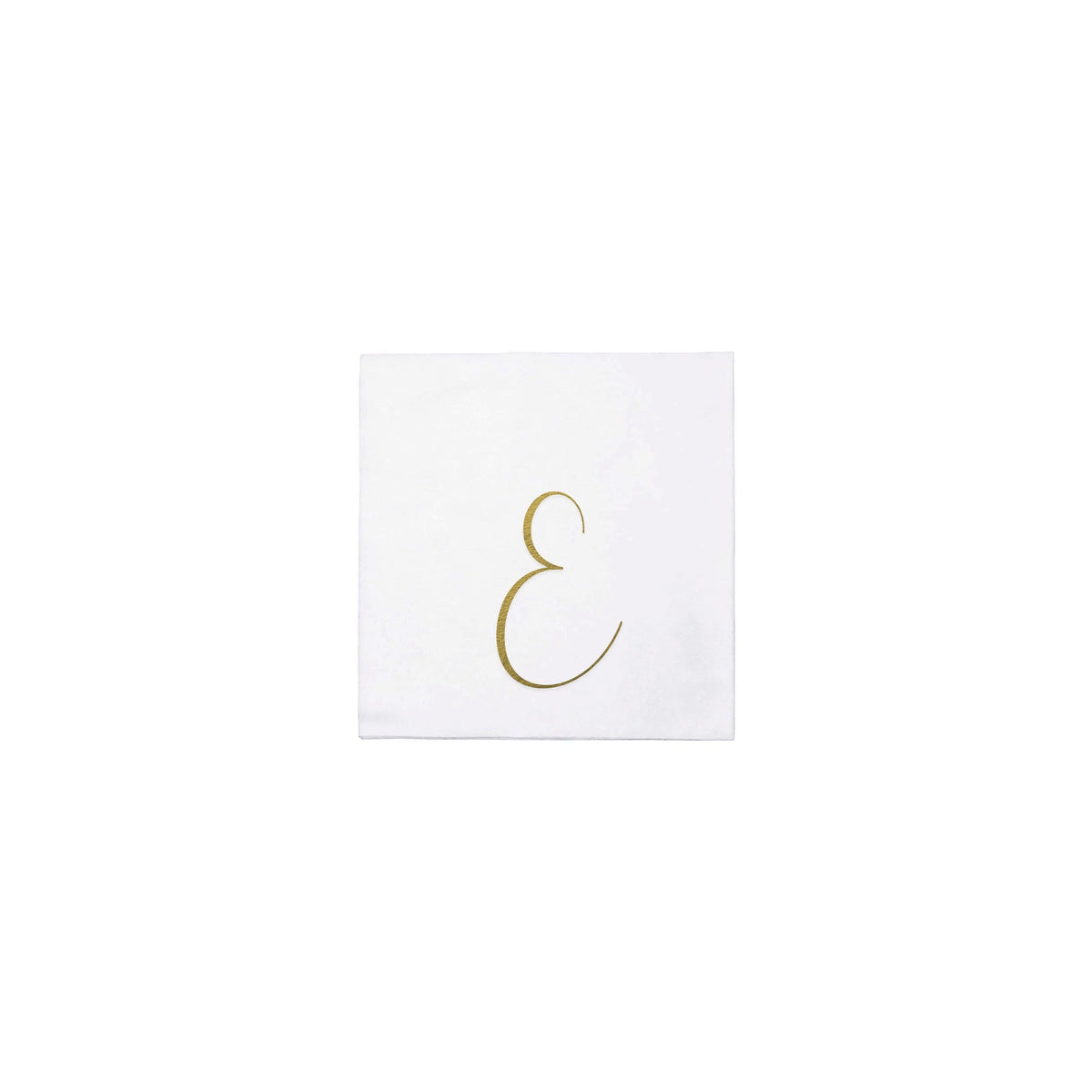 White Papersoft cocktail napkin with a gold script monogram letter E in the center.
