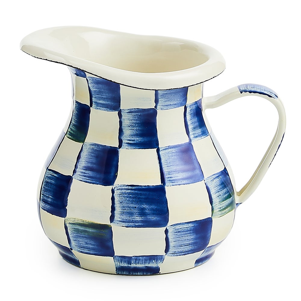 Royal Check Enamel Creamer with blue and white hand-painted checkered pattern and handle.