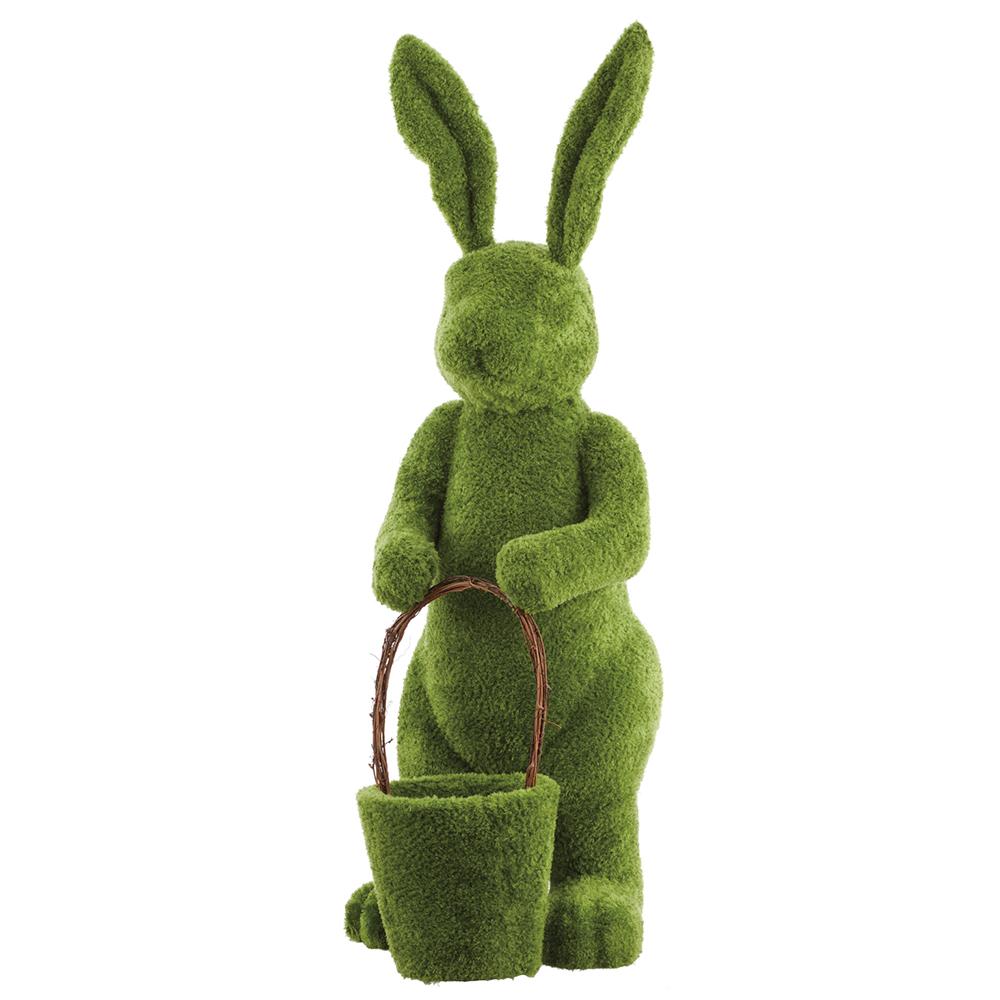 Green furry moss bunny plush toy carrying a woven basket