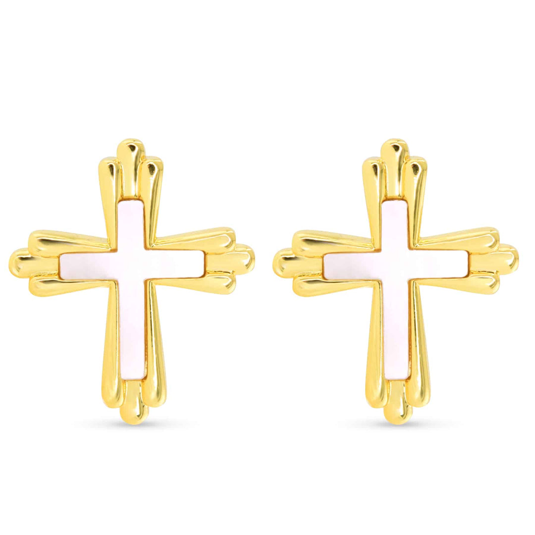 Gold traditional cross earrings with inset white Mother of Pearl centers.