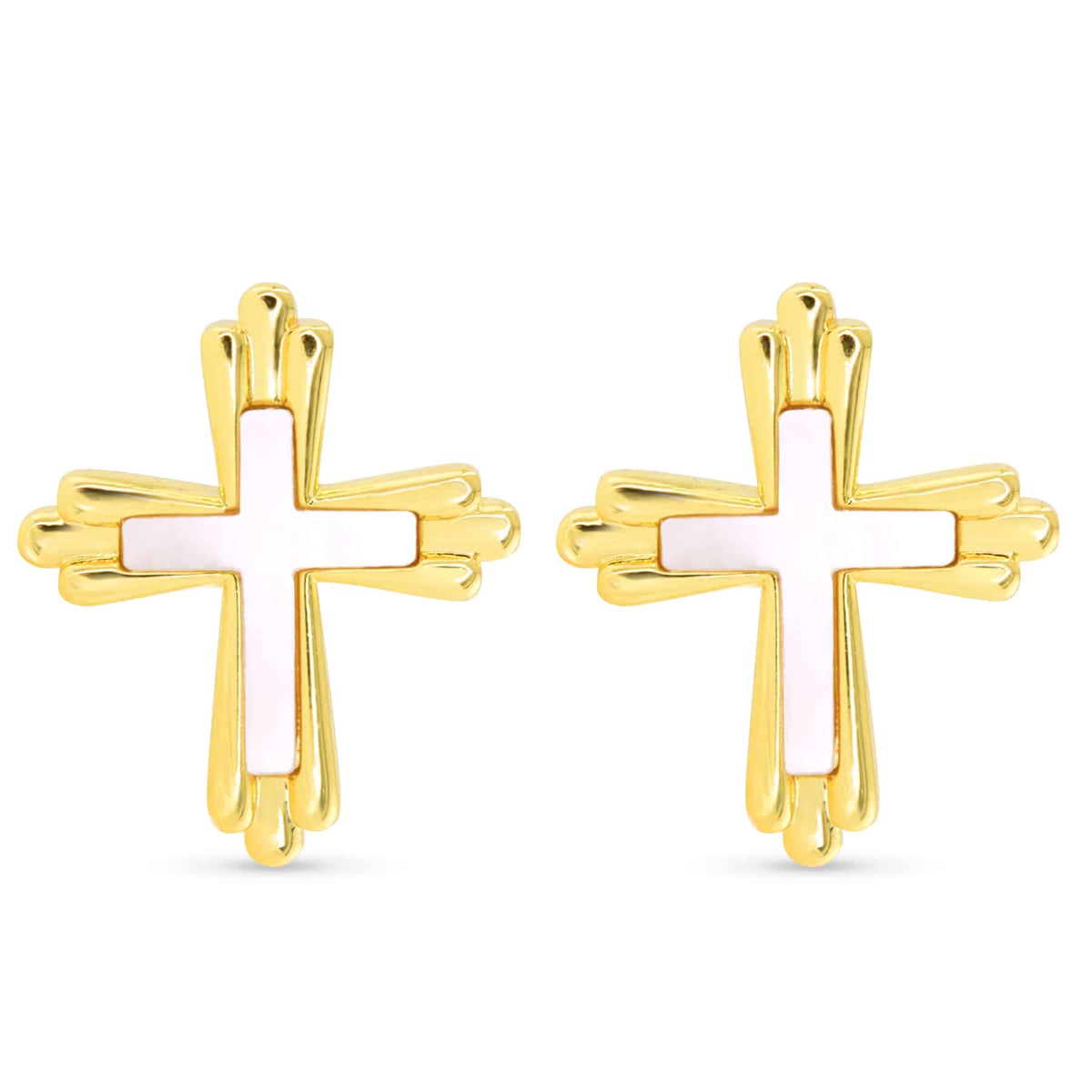 Gold traditional cross earrings with inset white Mother of Pearl centers.
