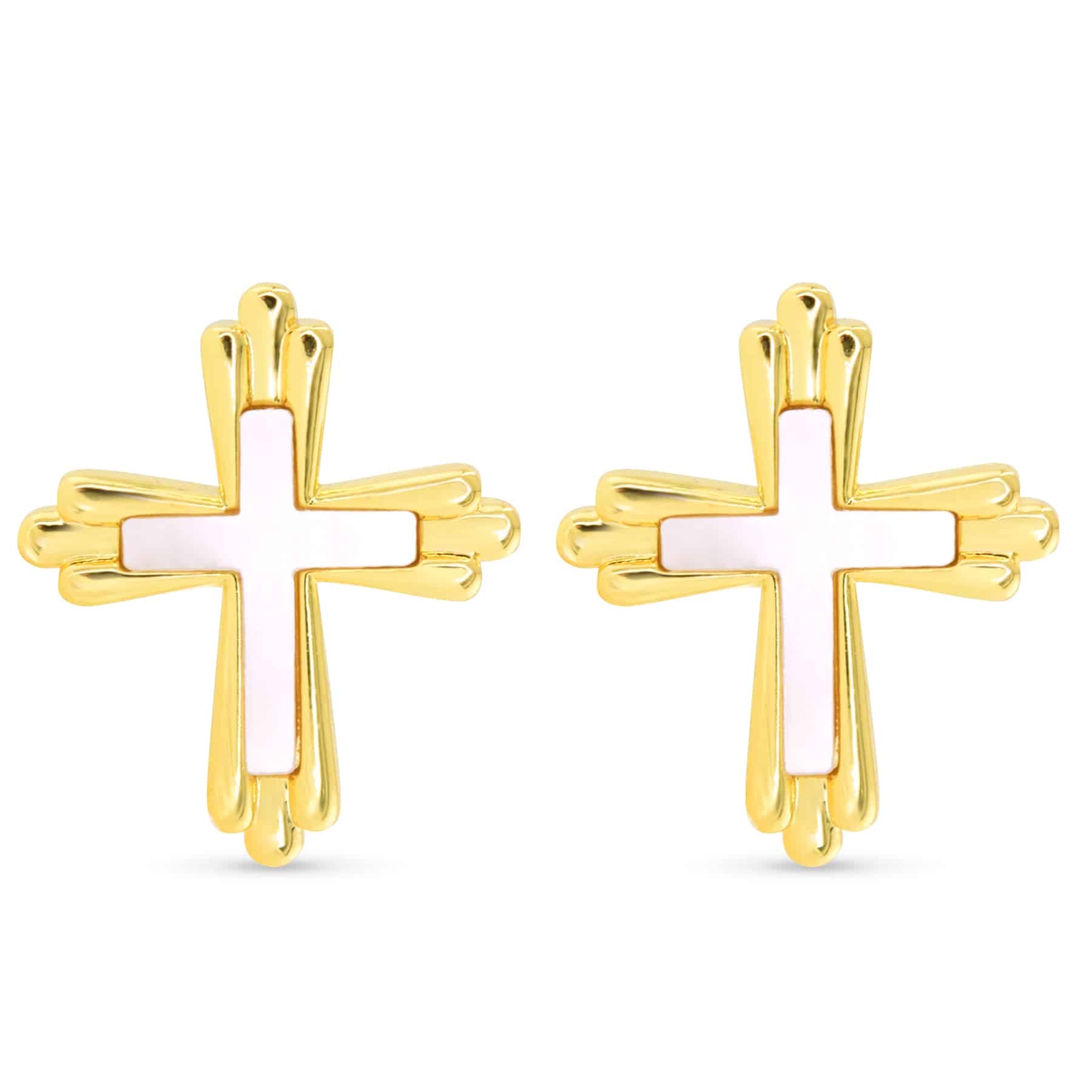 Gold traditional cross earrings with inset white Mother of Pearl centers.