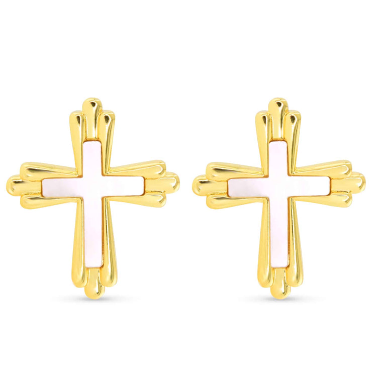 Gold traditional cross earrings with inset white Mother of Pearl centers.