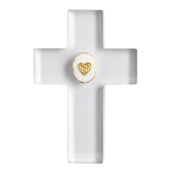 Clear resin cross with a hand-painted white plaster icon featuring a gold heart in the center.