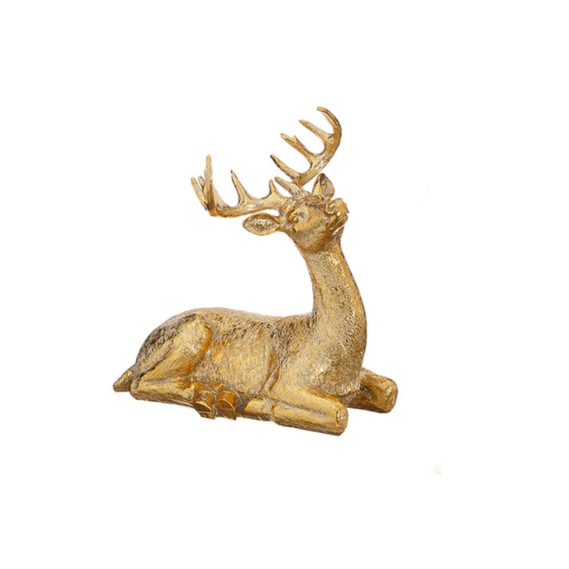 Gold-colored resin deer figurine in a resting pose with large antlers.