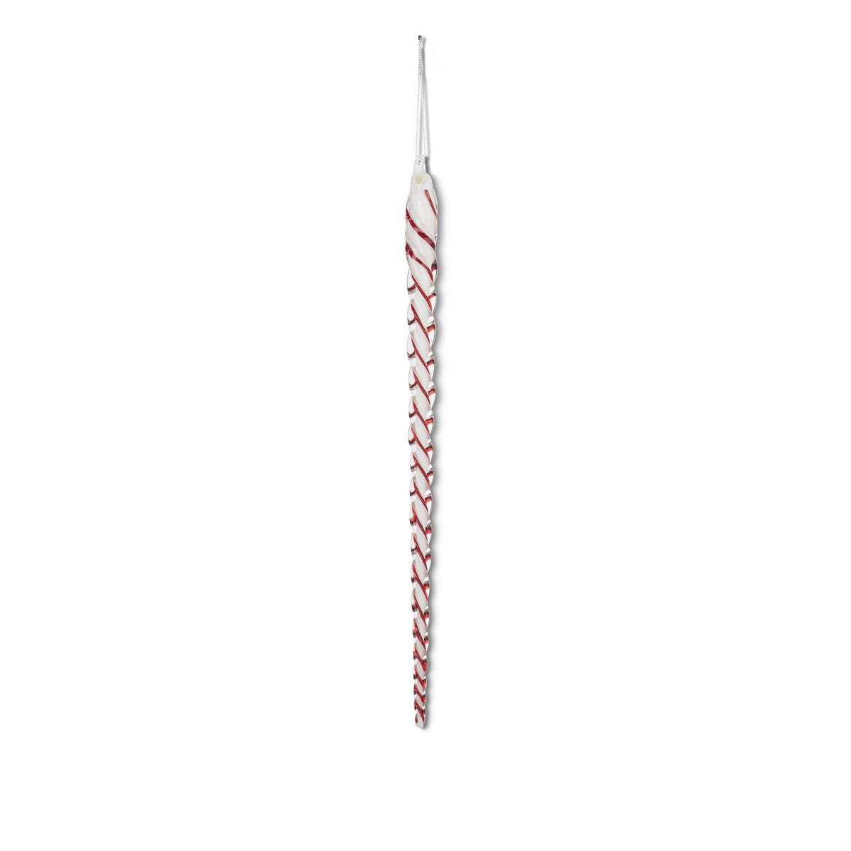 White and red spiral glass icicle ornament with a hanging loop.