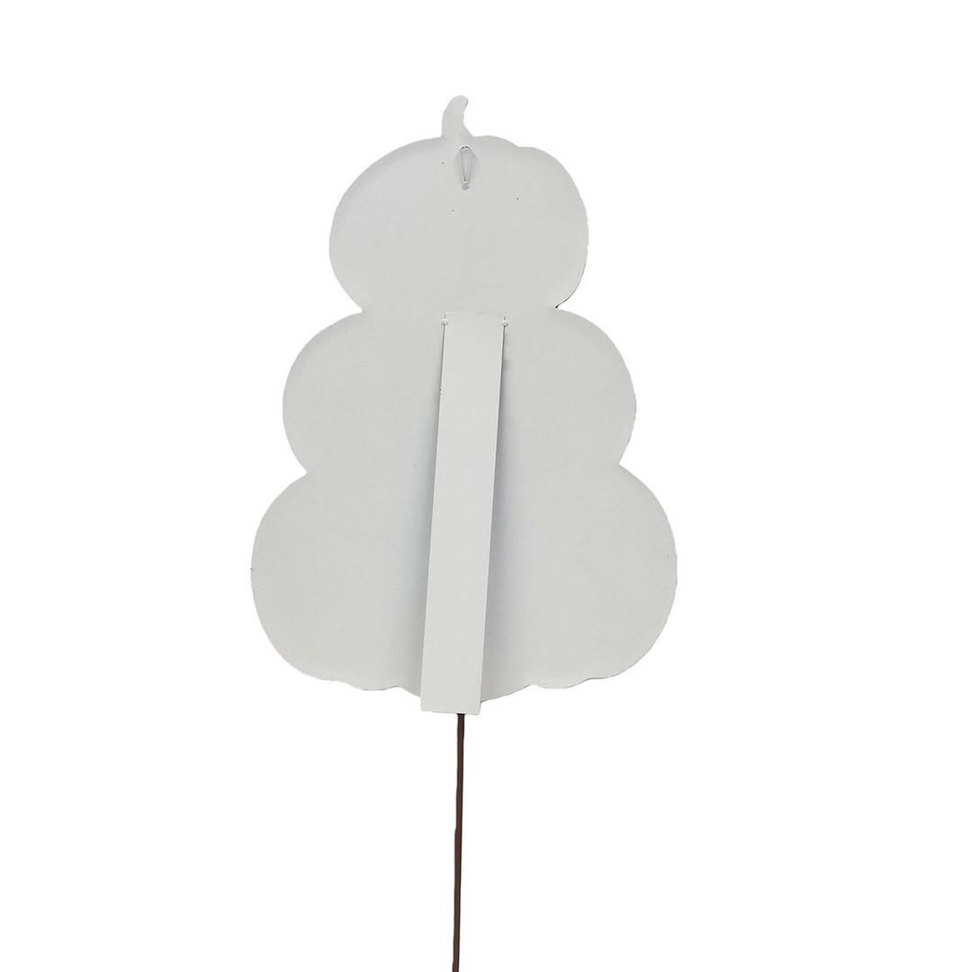 Back view of a white pumpkin stack decoration showing easel stand, hanging loop, and ground stake.