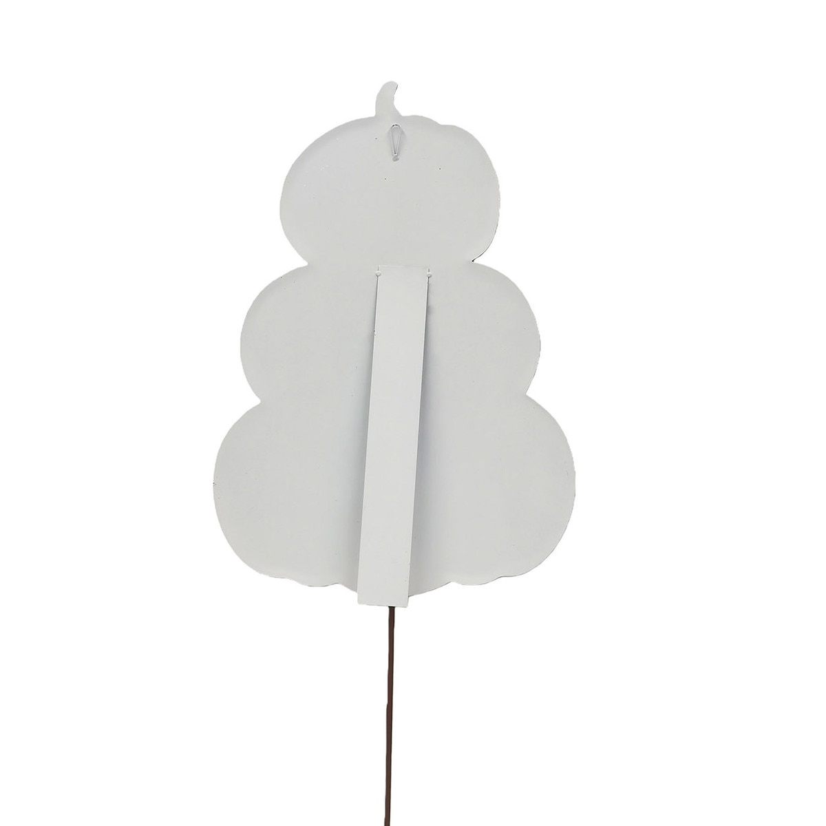 Back view of a white pumpkin stack decoration showing easel stand, hanging loop, and ground stake.