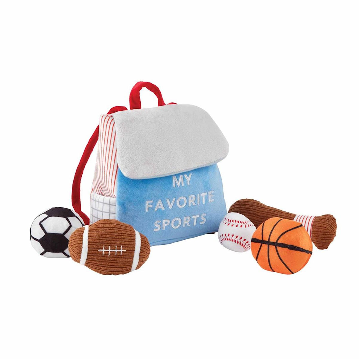 Sports Plush Set with a blue and grey backpack, soccer ball, football, baseball, and basketball.