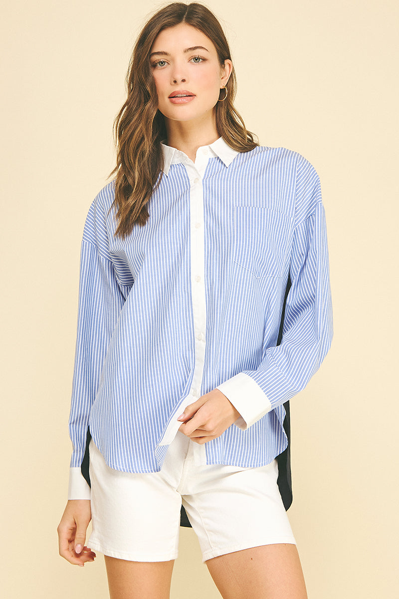 Rachel Contrast Striped Button Down shirt in small size featuring long sleeves, hi-lo hem, front pocket, and striped pattern.