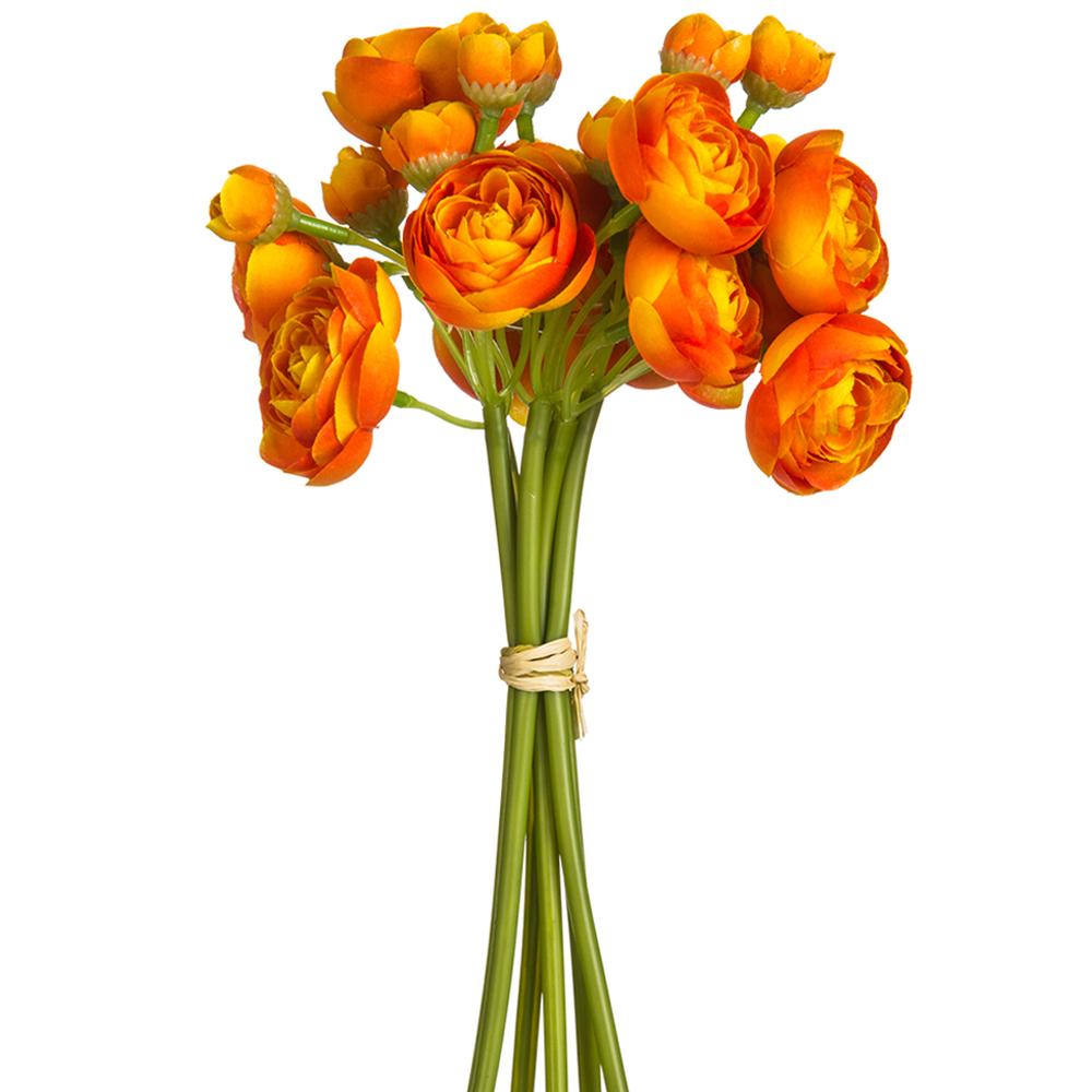 Bundle of ten-inch artificial ranunculus flowers in plastic with glue backing.