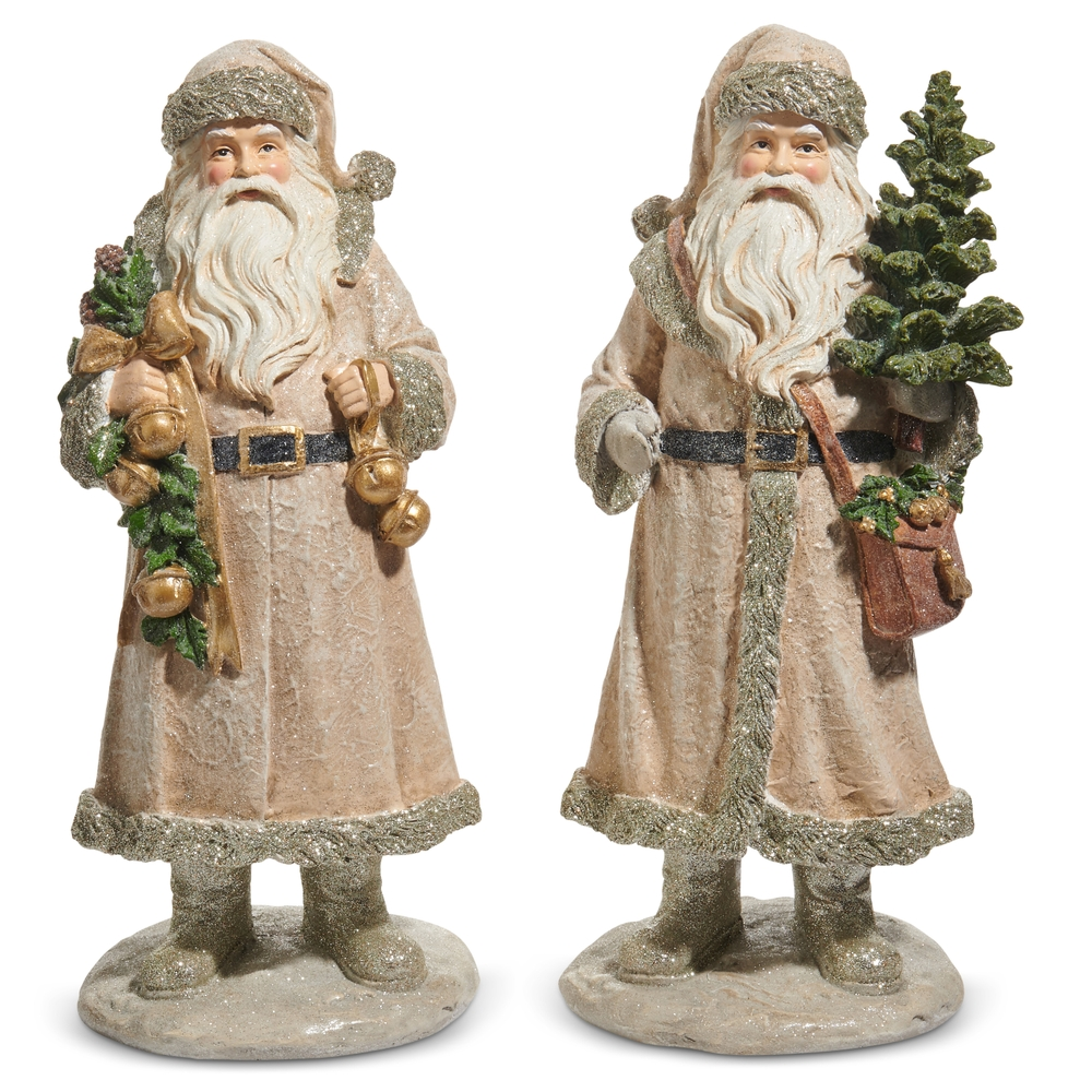 Two 14.25-inch Old World Santa figurines in champagne robes holding bells and a Christmas tree.