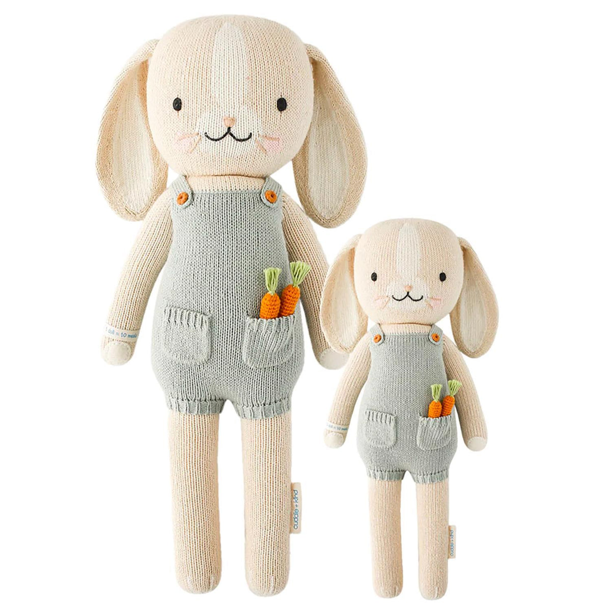Hand-knit Henry the Bunny toy in natural cotton with felt ears, stuffed polyfill, and a signature wristband.