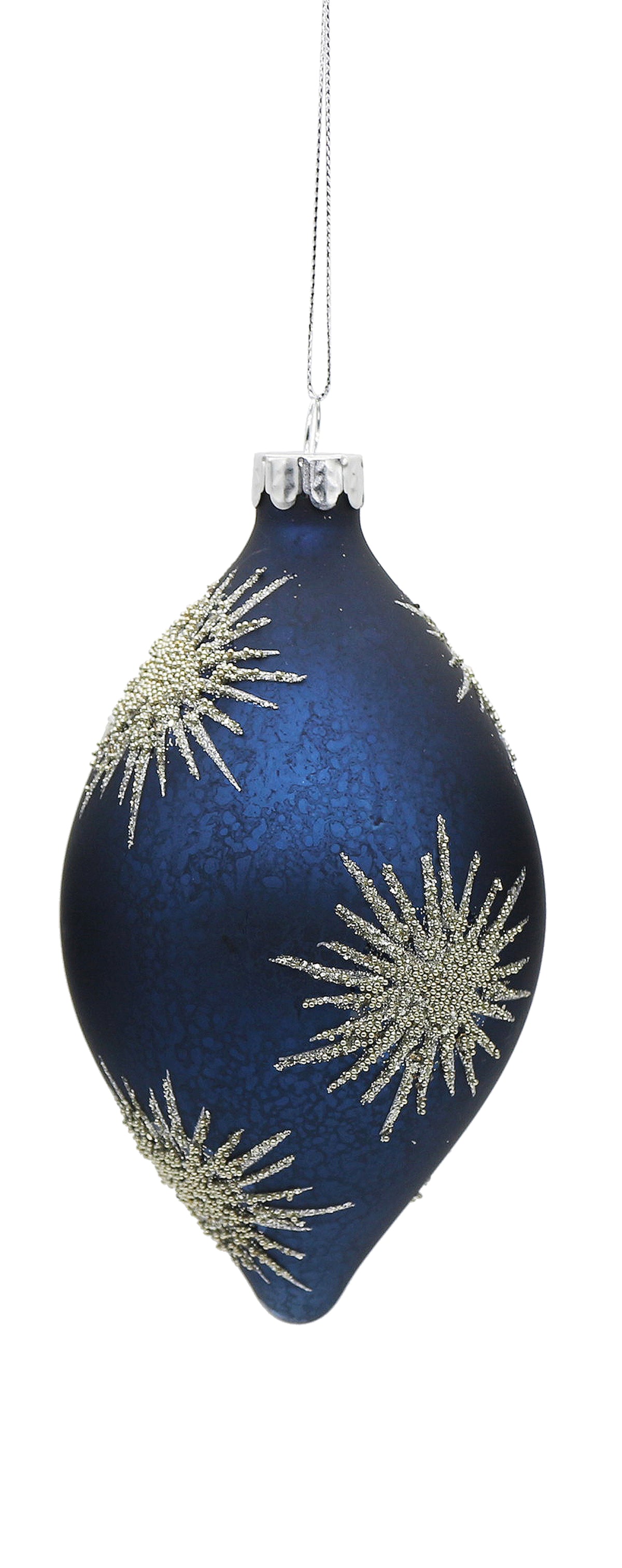 Blue teardrop-shaped glass ornament with silver beaded starburst patterns and a silver hanging cap.