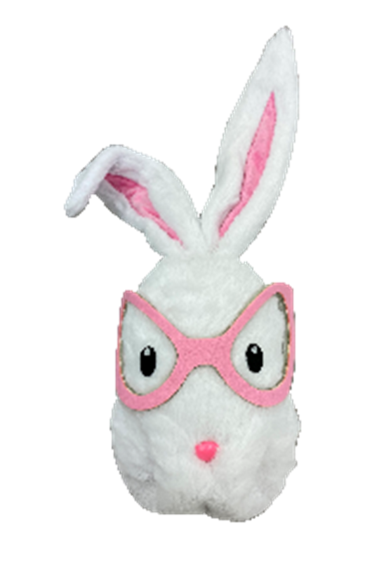 Plush bunny toy with round glasses in soft gray fabric.