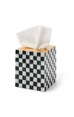 Courtly Check Lacquer Boutique Tissue Box with a black and white checkered pattern and gold top.