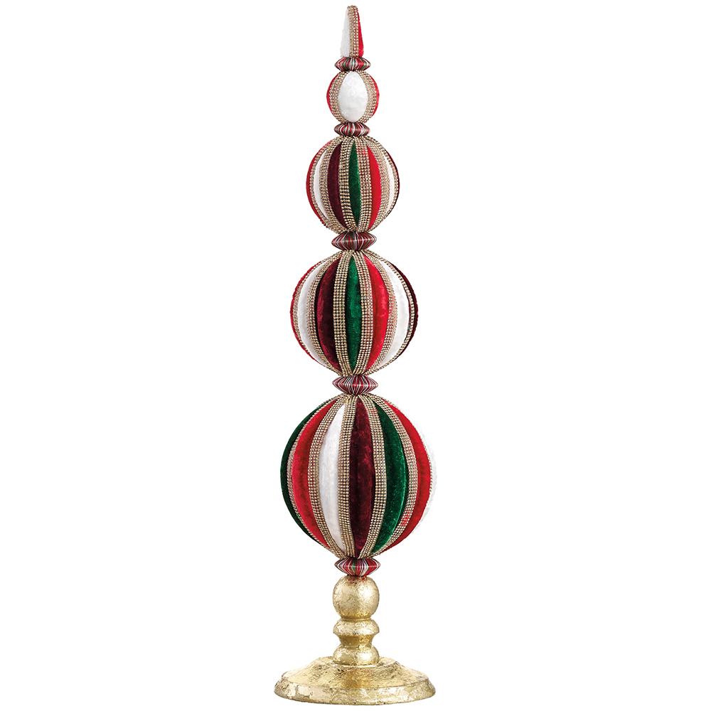 20-inch red, green, and white velvet ball tabletop finial on a gold base.