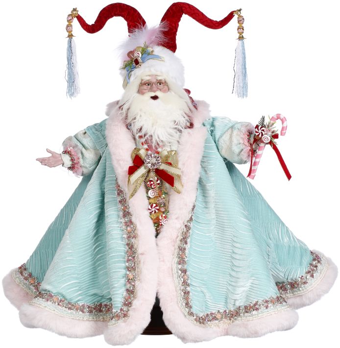 Candydandy Santa figure with a teal coat, pink fur trim, and red jester hat with tassels.