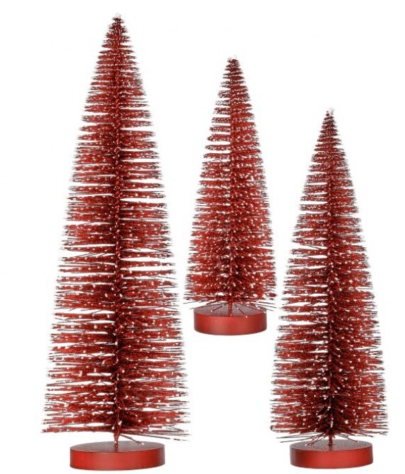Set of three red glittery snow-tipped bottle brush trees in small, medium, and large sizes.