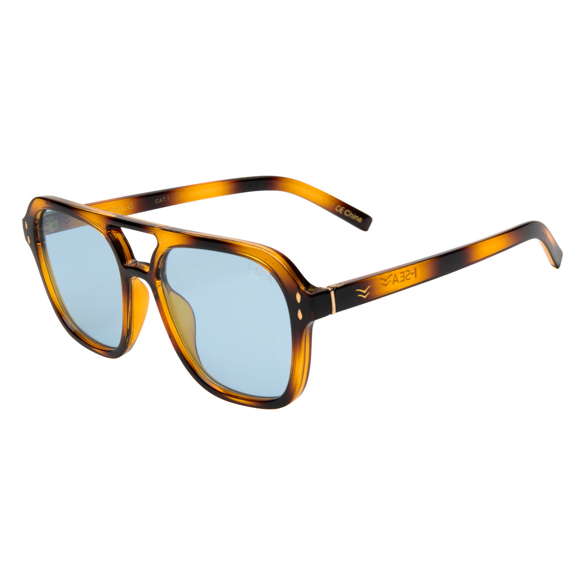 Monaco aviator sunglasses with tortoise shell frames and light blue polarized lenses.