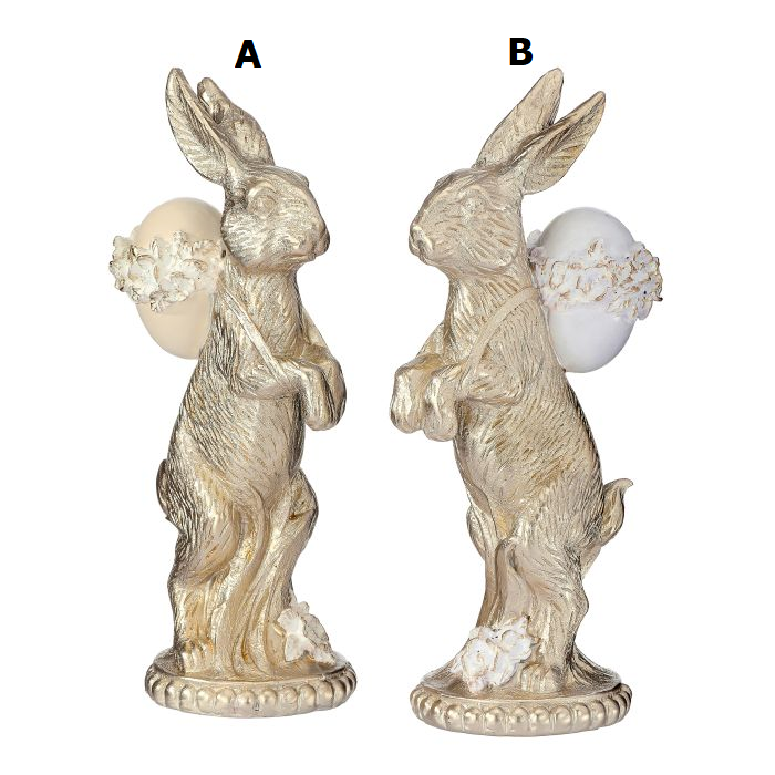 8.5-inch white resin bunny figurine holding a basket with an egg